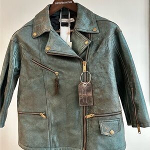 Golden Goose Leather Jacket - Mettalic Leather Green/Black